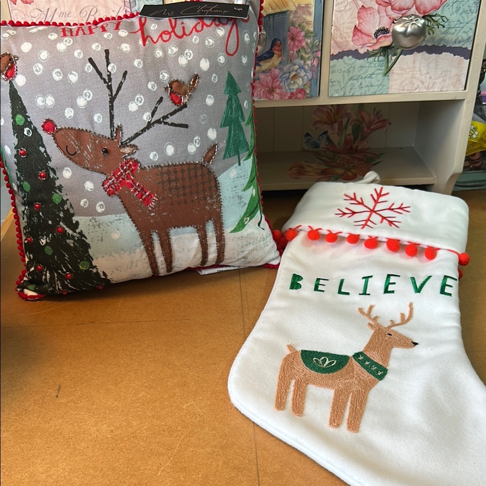 Festive Reindeer theme Pillow and Stocking Set with red trim glass beading